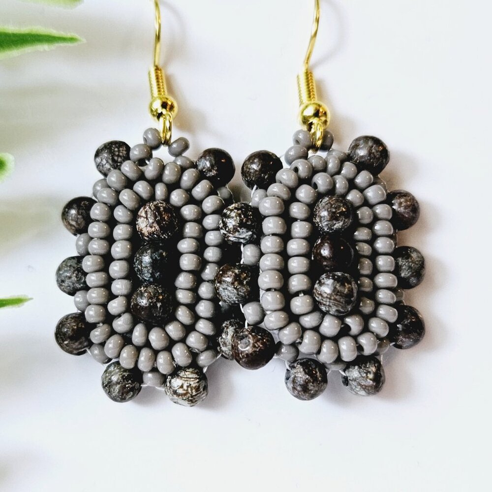 2/$27 | Charcoal Stone Shield Beaded Indigenous Hoop Earrings | Handmade - Picture 1 of 6